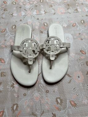 Tory Burch White Leather Miller Logo Thong Sandals